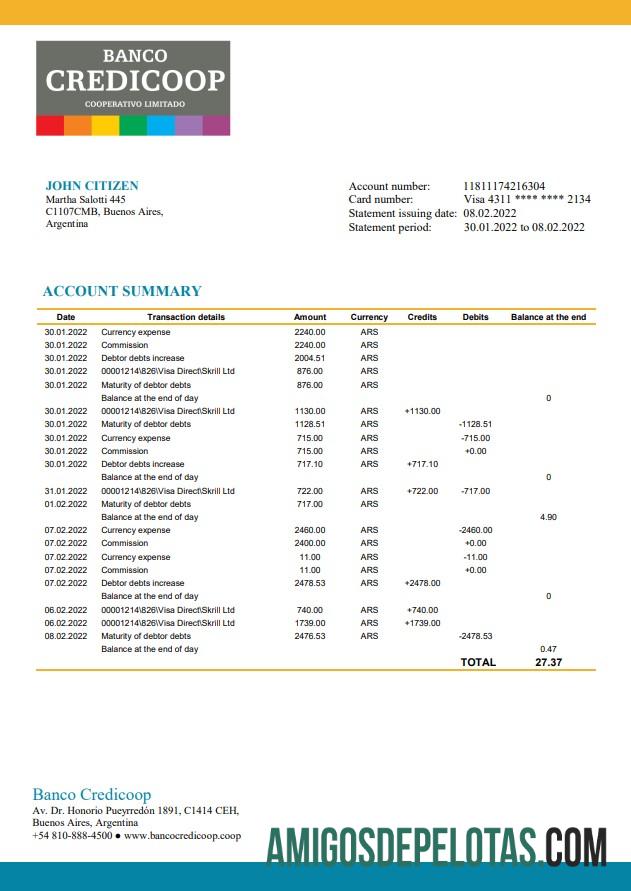 Argentina Banco Credicoop extrato bancário amostra